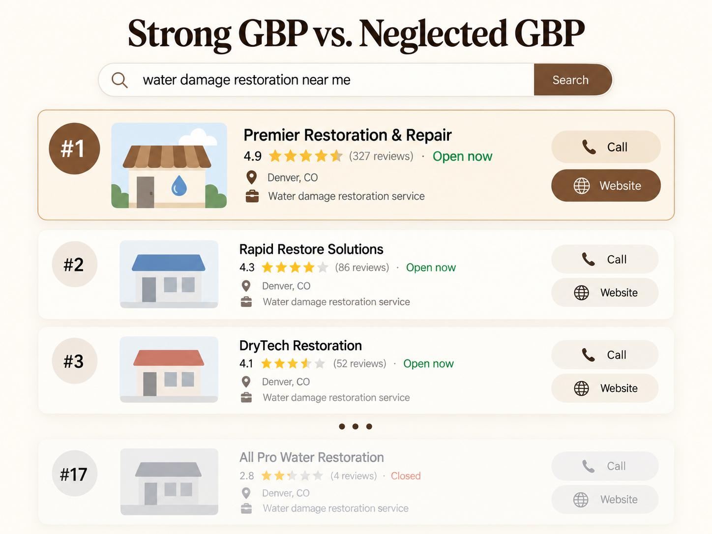 Comparison of a strong and neglected restoration company Google Business Profile in local search results