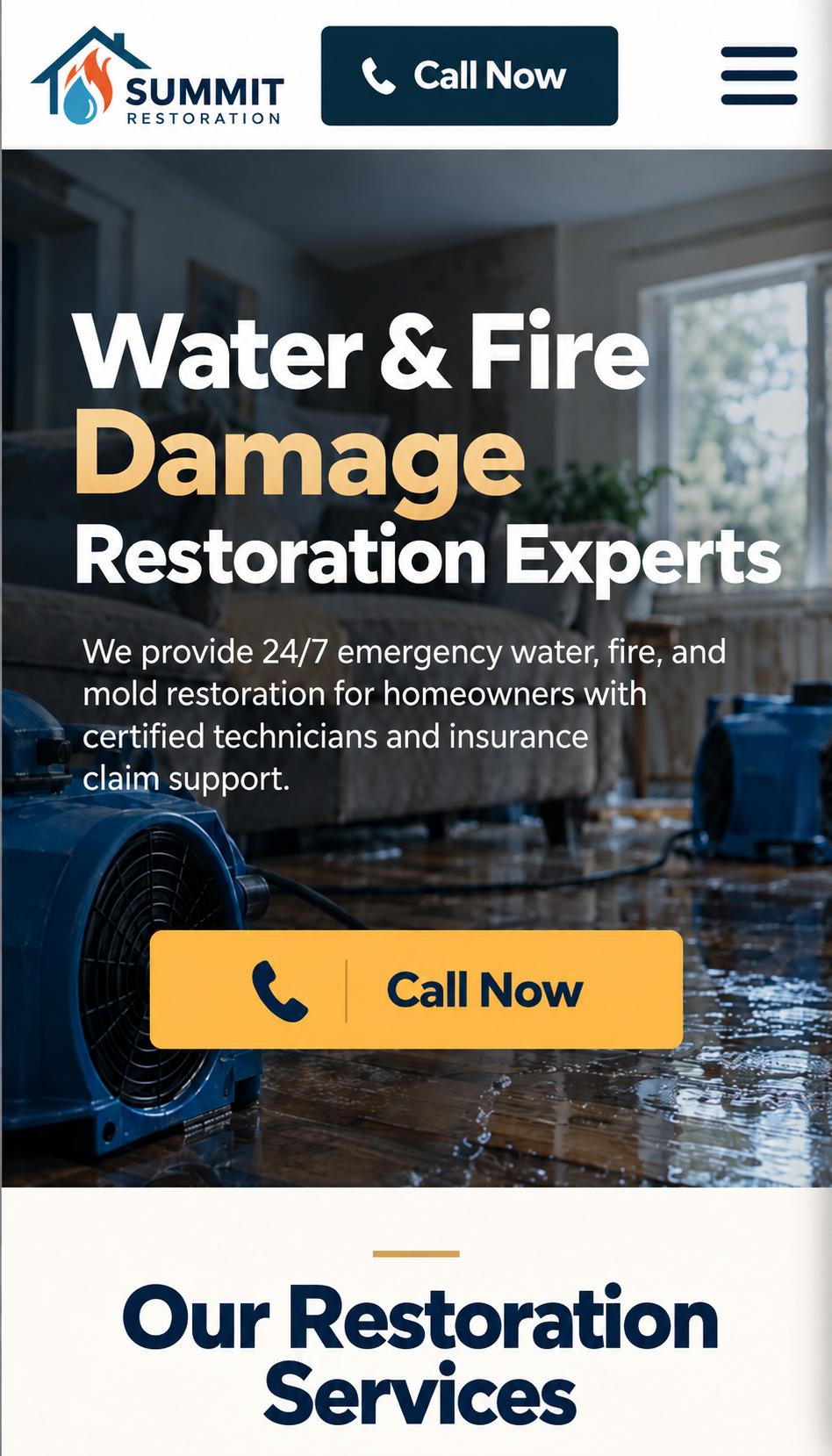 Example of a mobile water damage restoration website designed to generate phone calls